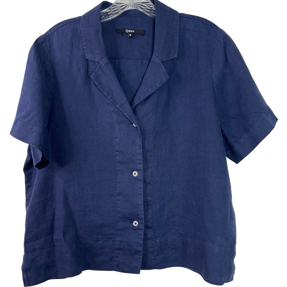 Quince Women's 100% Linen Classic Navy Blue Button Down Shirt Minimalist Size M - Picture 2 of 16